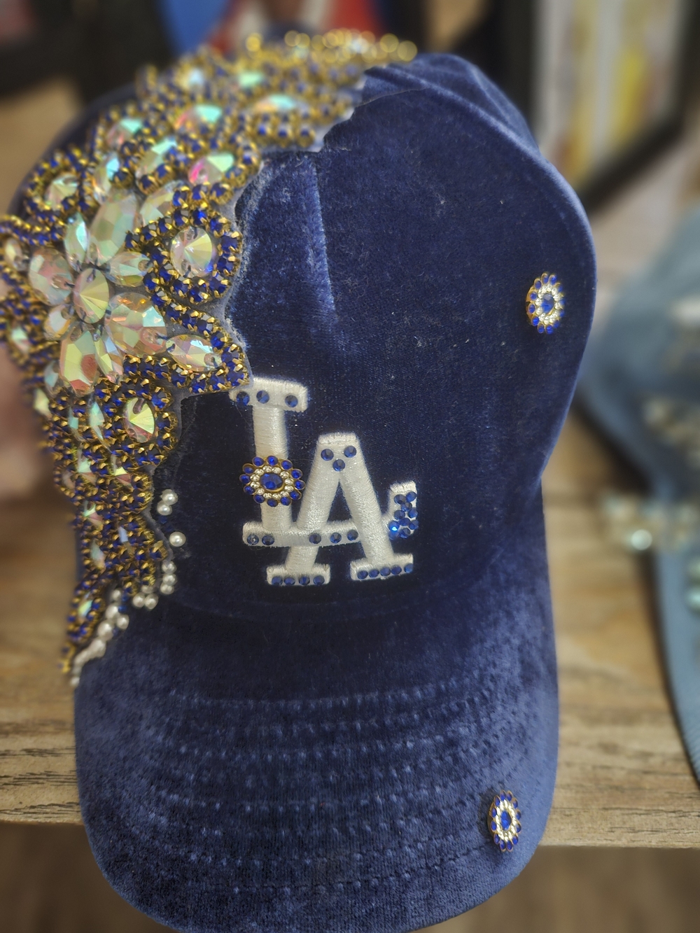 Embellished Navy Velvet LA Cap with Rhinestones